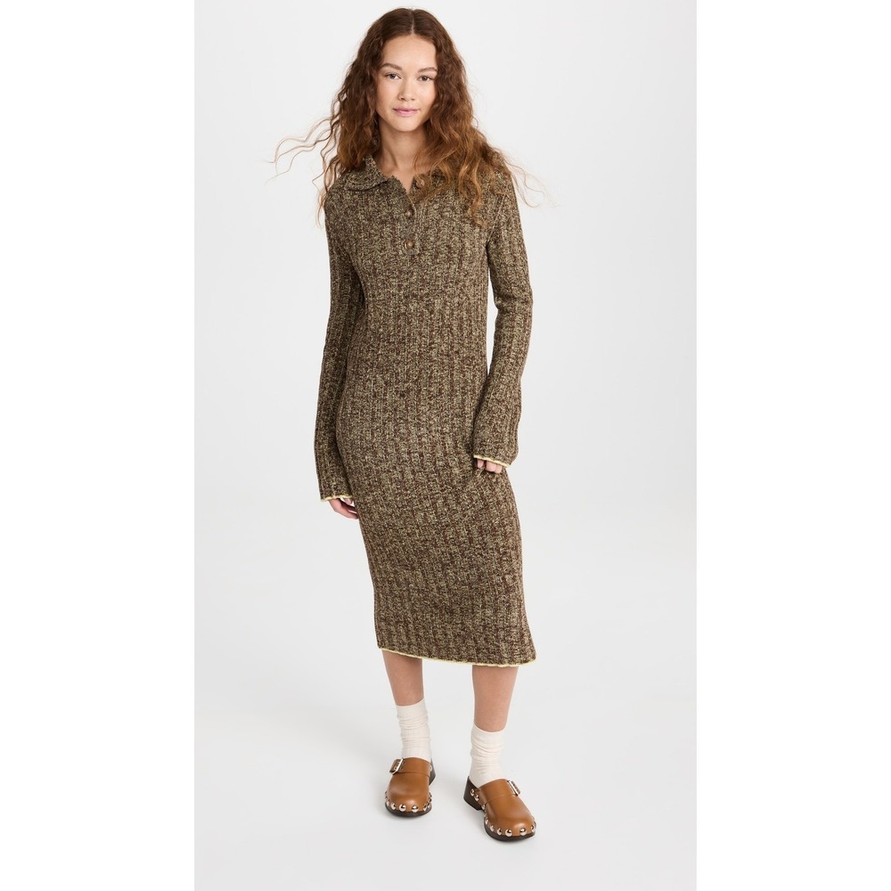 Acne Studios Dress Women Extra Small Brown Karly Ribbed Knit Midi Polo Marled